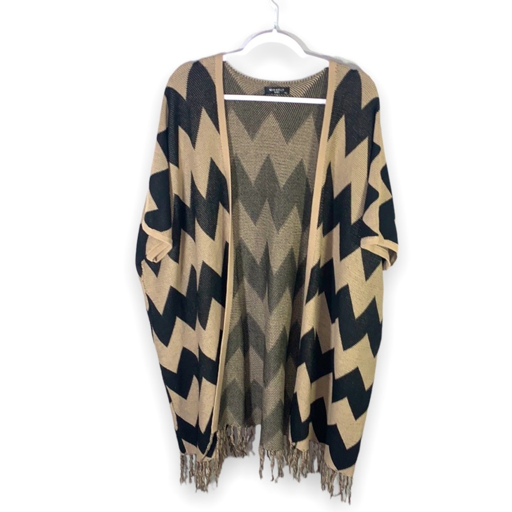 Miss Kelly 1999 Geometric Fringe Short Sleeve Cardigan Black Tan Boho M/L